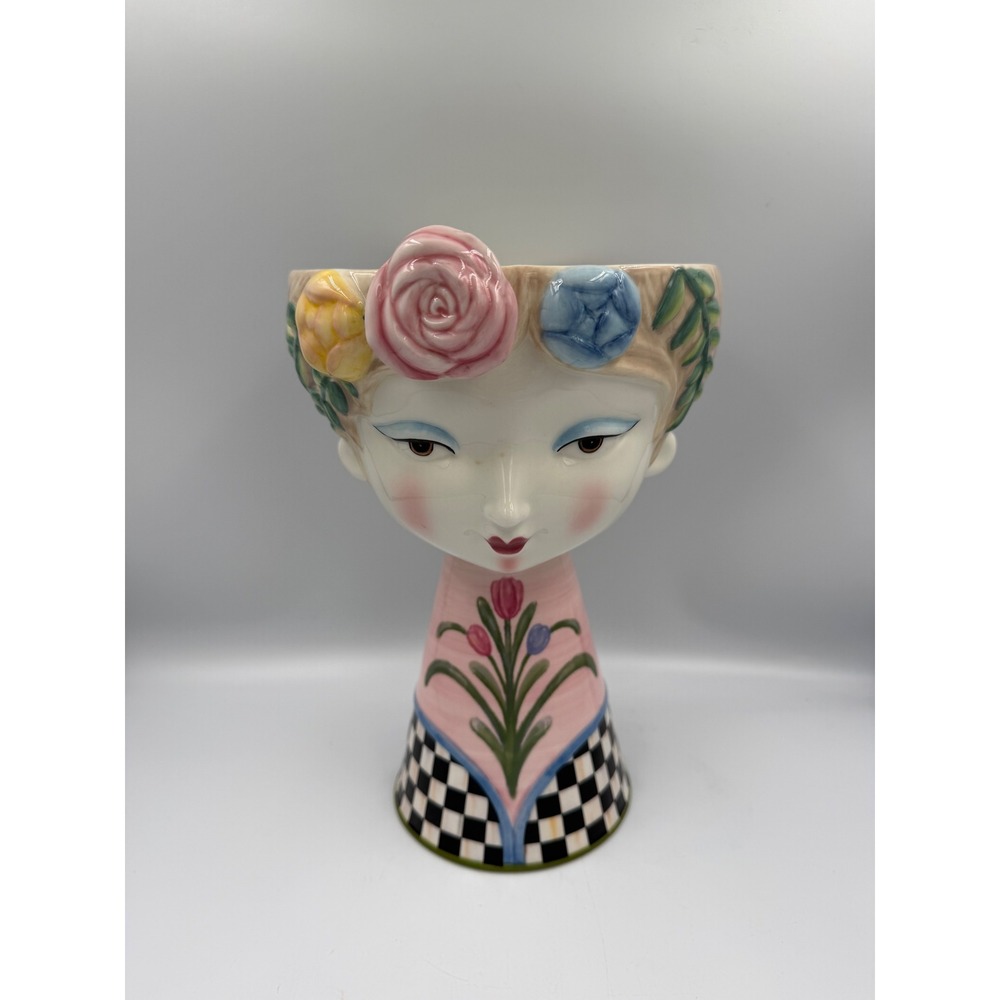 Mackenzie-Childs Flower Lady Head Vase Courtly Check Floral Ceramic Planter